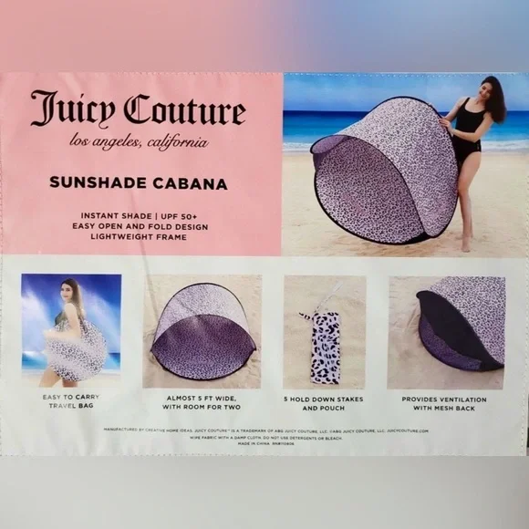 Juicy Couture Pink Leopard Print Sunshade Cabana & Pop Up Beach Tent UPF 50+ - Picture 2 of 7